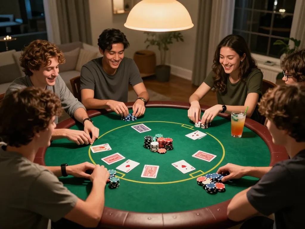 Engaged friends during a lively poker night showcasing ผลบอลสด strategy on cards and chips.