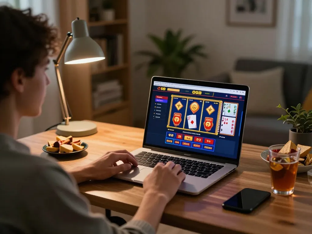 Player enjoying an immersive O8 online casino game on laptop, demonstrating responsible gaming.