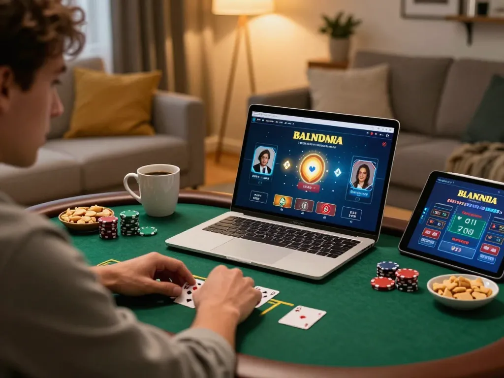Player using laptop for online poker gameplay focusing on strategy and excitement, featuring sc88