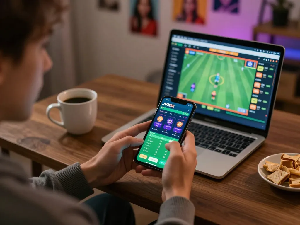 Engaging with JUN88 mobile app for live sports betting in a cozy home setting