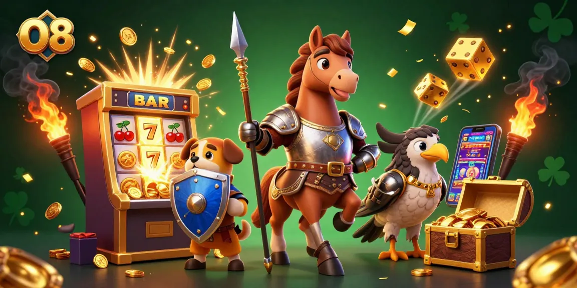 Experience O8's dynamic casino scene with knights, slot machines, and vibrant treasure explosions.