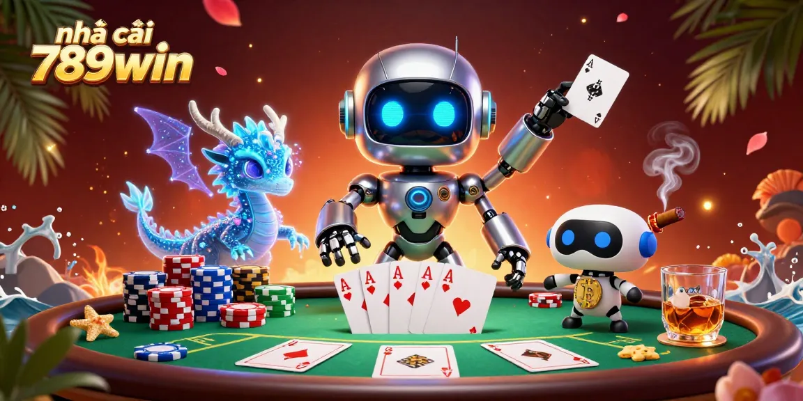 Engaging gaming scene featuring nhà cái 789win with a robot mascot, poker elements, and vibrant details.