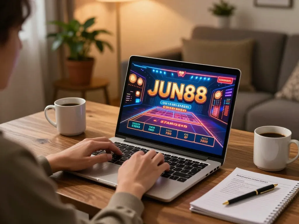 Player gaming on JUN88 website with strategy notes and warm ambiance in a cozy setting.