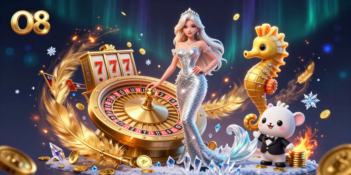 Spin the O8 roulette wheel while enjoying this vibrant casino scene filled with golden tokens and dazzling lights.