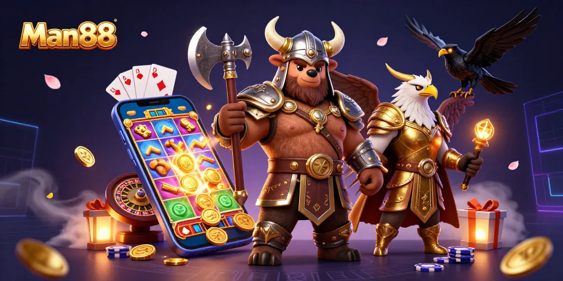 Win big with Man88 in a vibrant 3D casino scene featuring thrilling game elements.