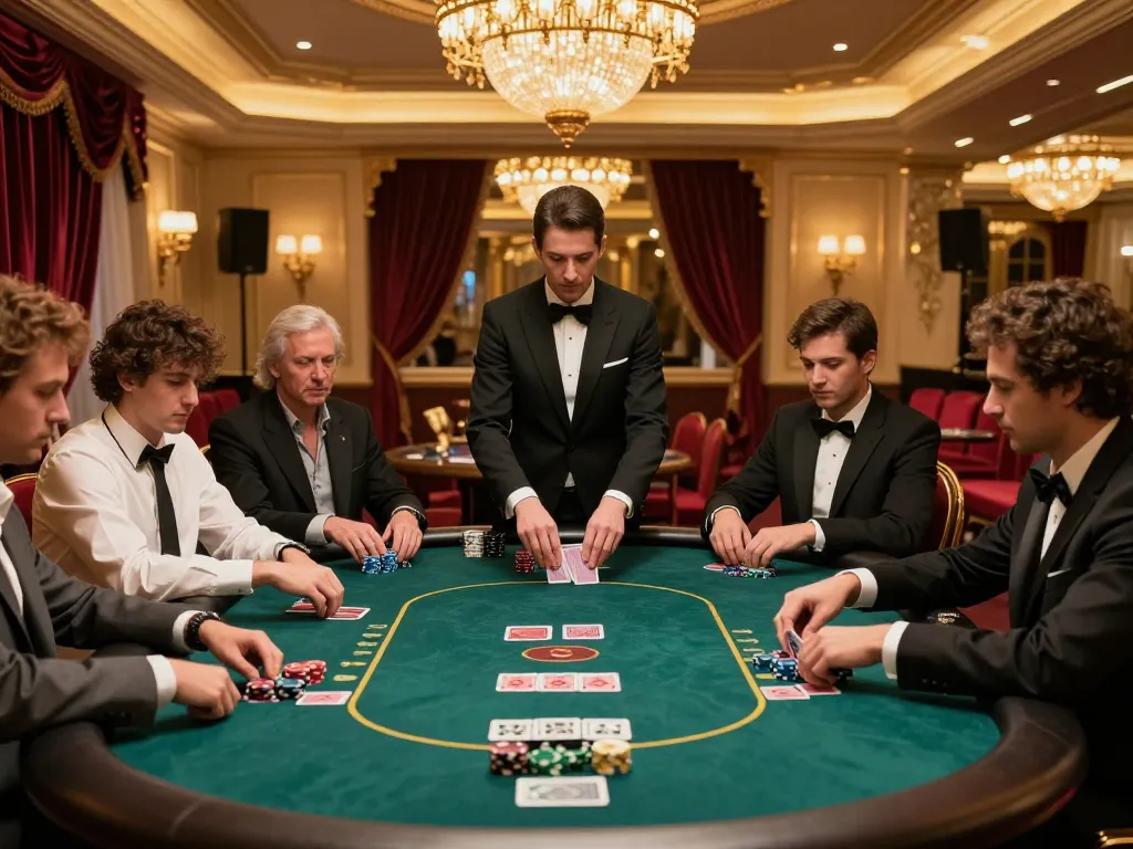 MM88 poker players strategizing and placing bets in a luxurious casino