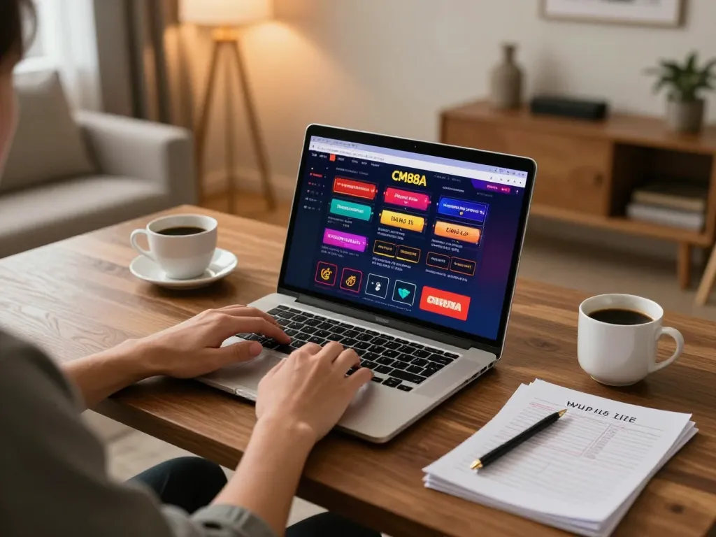 Engaging gameplay on CM88A online casino platform with player at home desk focused on laptop.