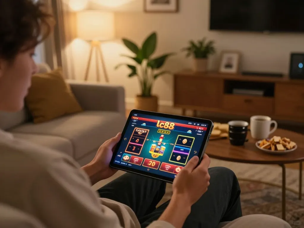 Enjoying a poker game at lc88 using a tablet in a cozy home environment