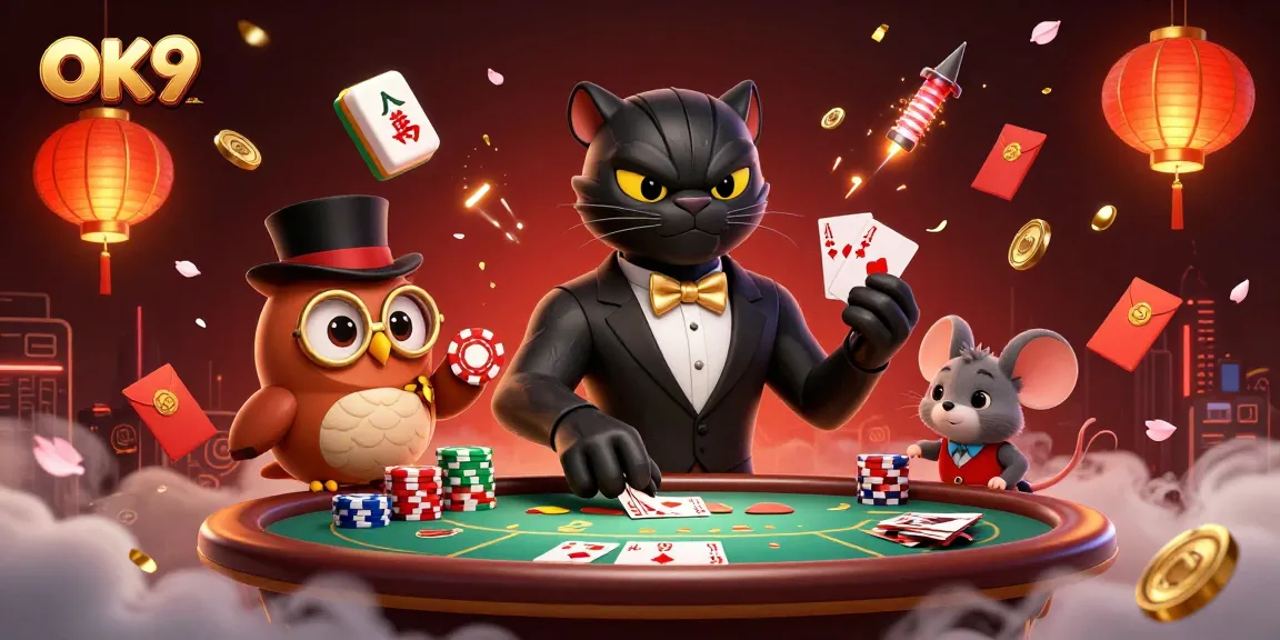 Engage in exhilarating games at OK9, featuring a stylish panther dealer, poker chips, and vibrant casino elements.