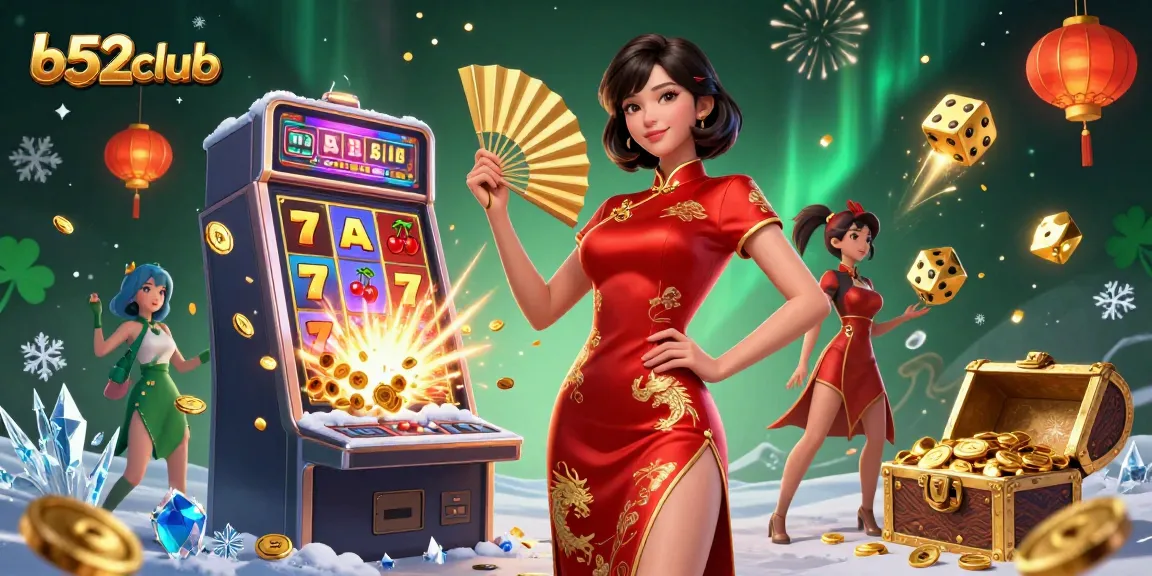 B52Club's vibrant Asian-themed casino illustration, showcasing thrilling slot experiences and floating gold coins.