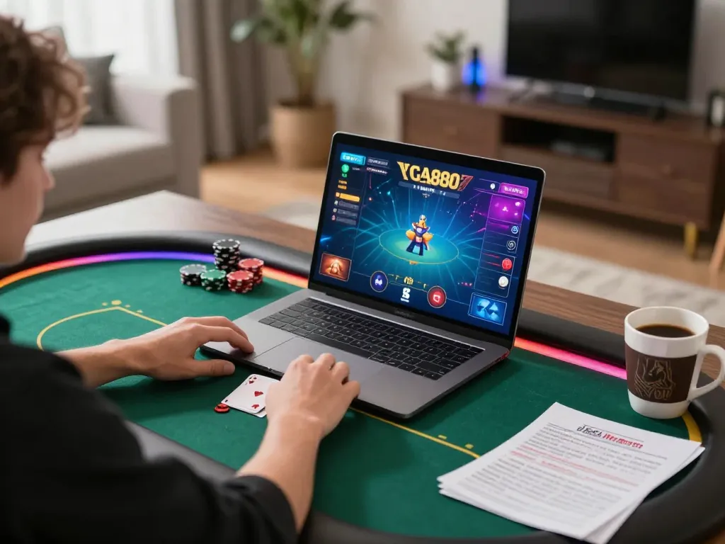 Player enjoying a thrilling poker game on GA888 in a cozy home setup with strategic notes