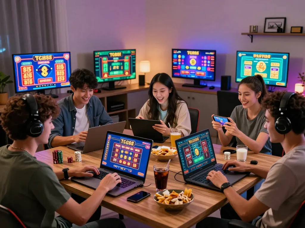 Exciting online gaming session showcasing friends engaged in TG88 đăng nhập, surrounded by vibrant casino graphics and inviting atmosphere.
