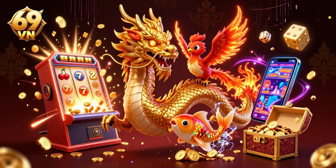 Win big at 69 VN with a stunning display of golden symbols, dragons, and exciting casino elements.