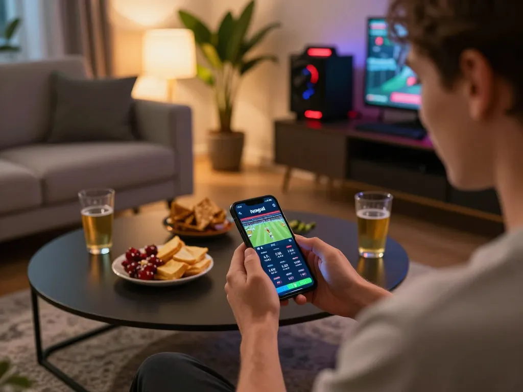 Engaging in sports betting via smartphone on Nowgoal in cozy home setting.