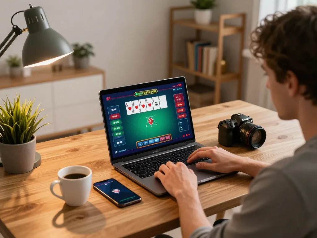Player engaged in online gambling on a laptop showing fly8800 poker game interface at cozy home desk.