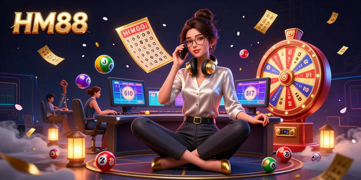 Engage in thrilling gaming adventures at HM88 with a dynamic illustration featuring lucky elements and vibrant casino games.