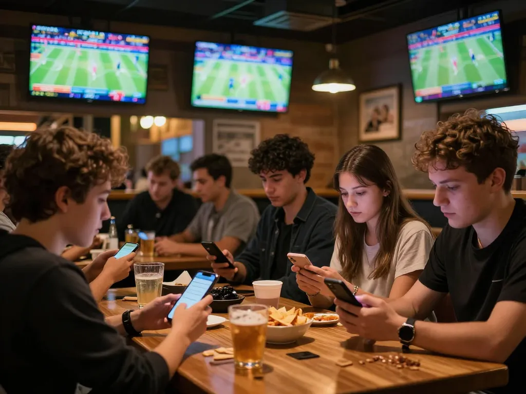 Engaging betting atmosphere at a sports bar showcasing 188bet link for live game betting with friends.