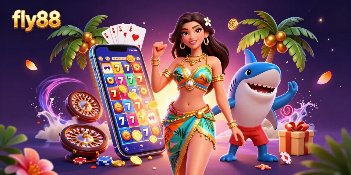 Engage with fly88's vibrant 3D casino scene featuring a glamorous beach goddess and a surfer shark amidst dynamic game elements.