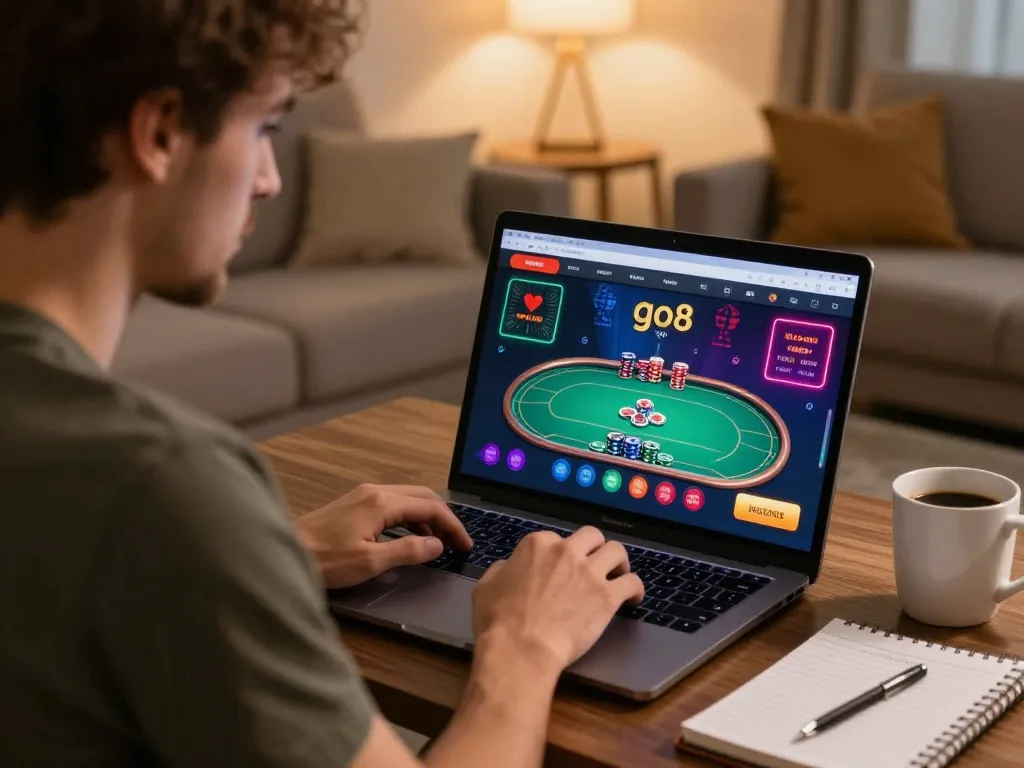 Engaged player exploring go8 casino gaming interface on laptop at home, showcasing strategic gambling.