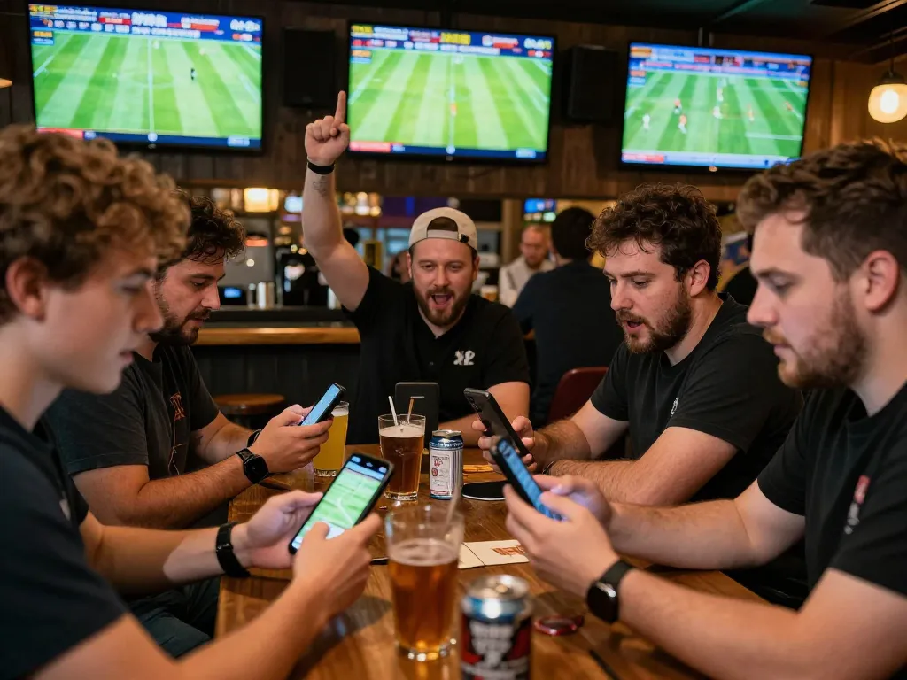 Sports fans celebrating their ca khia bets while watching live matches at a vibrant bar.