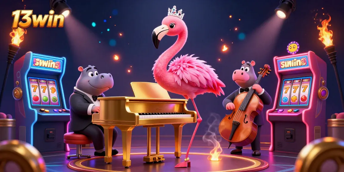 Join the fun at 13win with a cartoon flamingo and hippo in a vibrant casino scene.