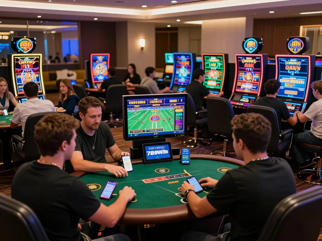 High-energy gaming atmosphere at 789Win showcasing diverse players engaged in online casino games.