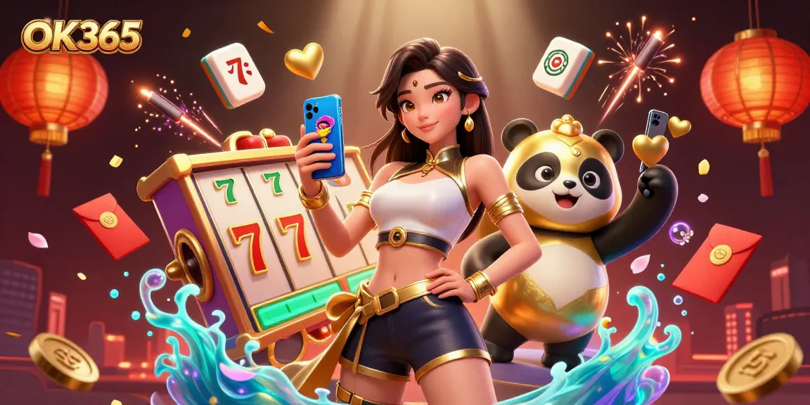 Experience exciting gameplay at OK365 with vibrant characters enjoying casino action and floating game elements.
