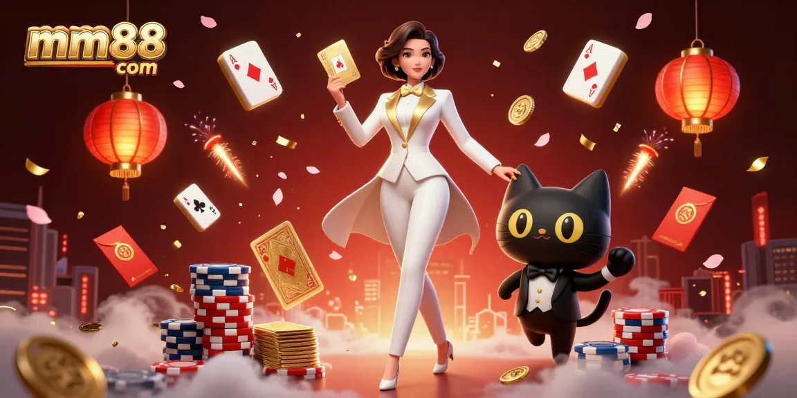 Engage with thrilling games at mm88 com with a glamorous dealer surrounded by festive casino elements.