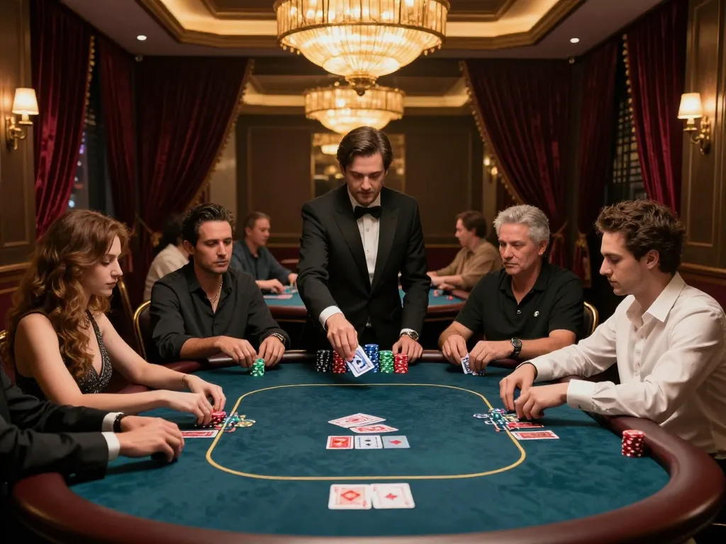 Engaged players competing in high-stakes poker at NK88 casino, luxurious atmosphere.