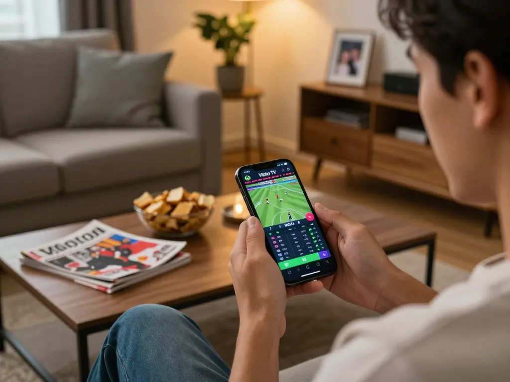 Engaging in sports betting on Vebo TV with smartphone while enjoying a cozy atmosphere.