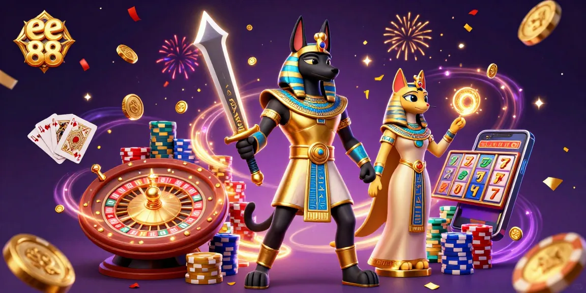 Spin the reels with ee 88 in this vibrant casino scene featuring Anubis and Bastet.