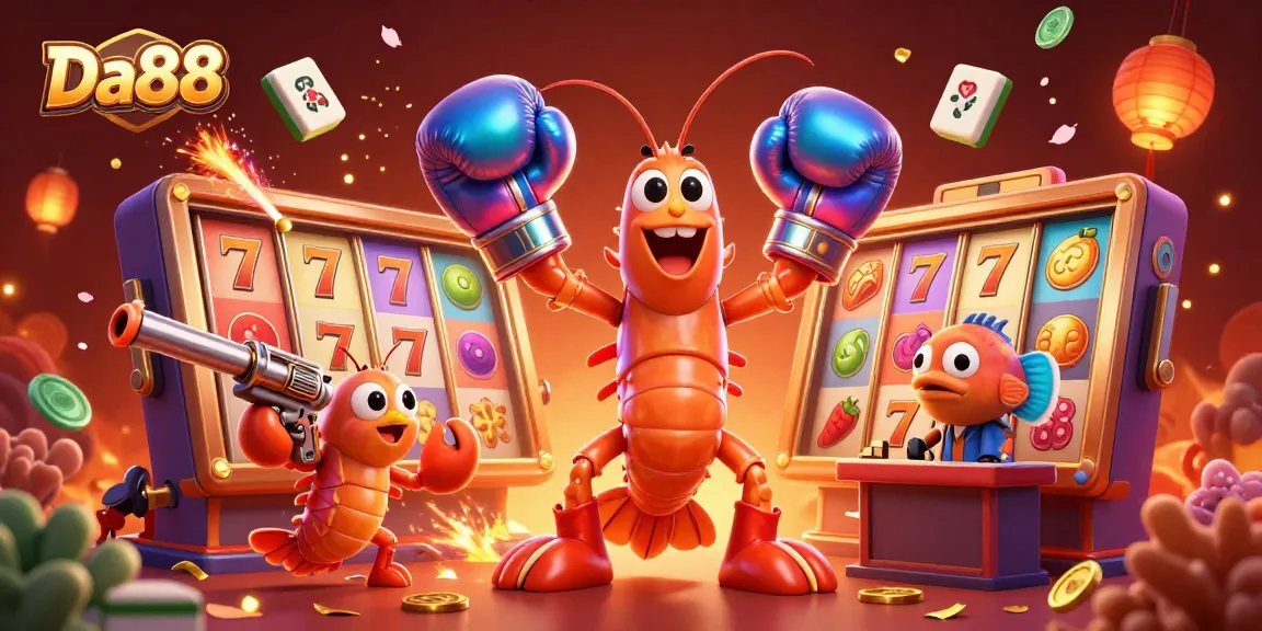 Spin to win with Da88 in this lively casino scene featuring vibrant slot reels and animated characters.