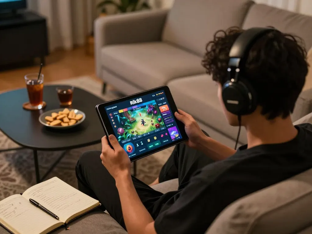 Cổng game Rik88 interface displayed on a tablet while strategizing gameplay in a cozy home setting