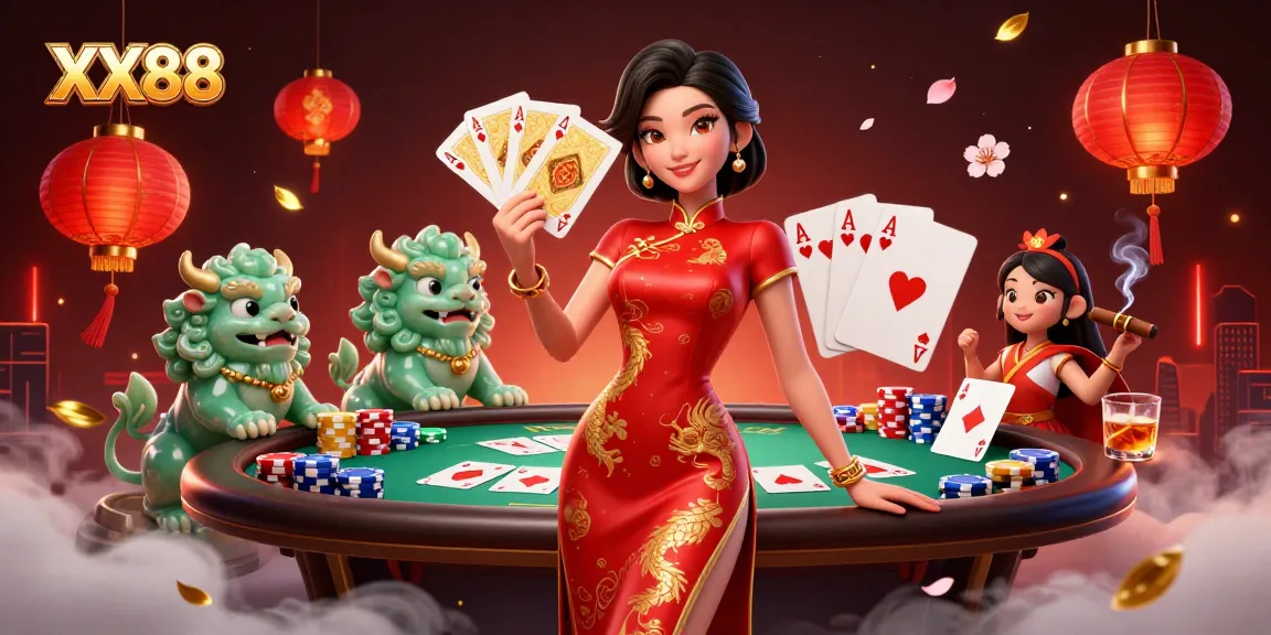 Experience thrilling moments at XX88 with an elegant woman and a jade lion guardian in a vibrant casino setting.