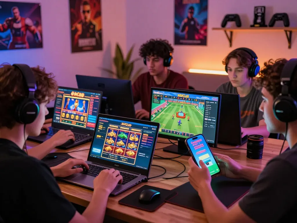 Engaged players enjoying the hitclub online gaming platform with multiple devices, colorful games, and vibrant atmosphere.