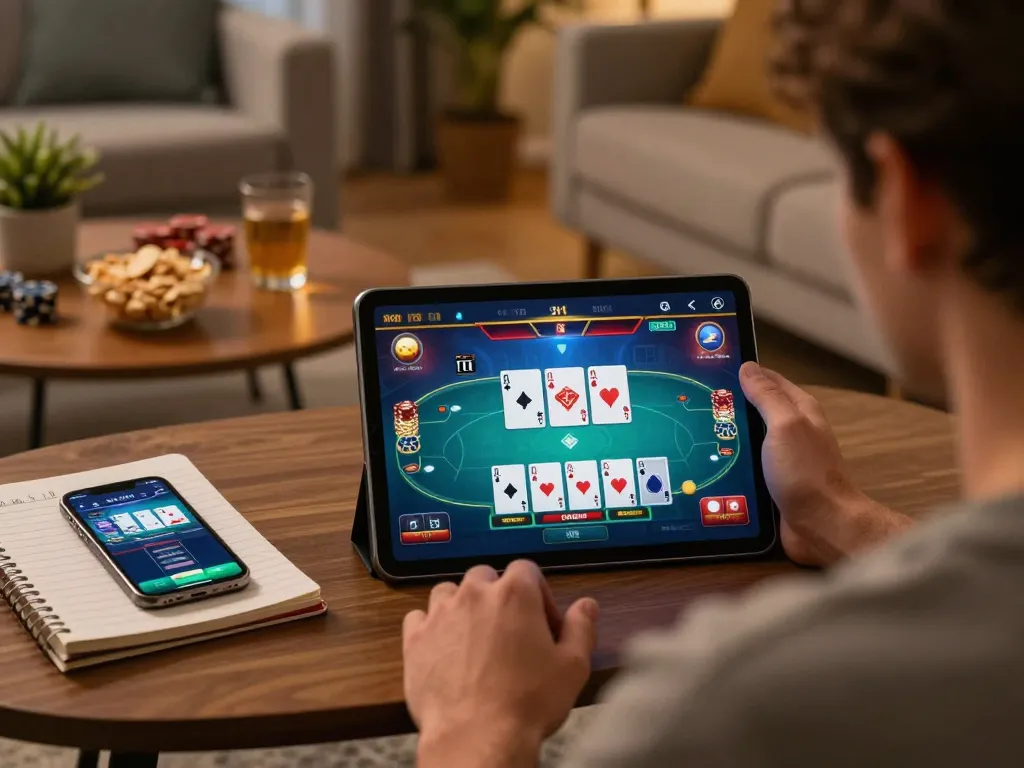 Player strategizing in an online poker game at home, highlighting 789b gameplay details and cozy environment.