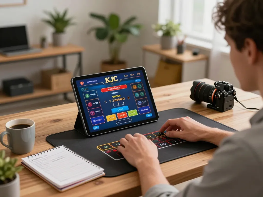 KJC player utilizing a tablet for live dealer gaming, showcasing strategic online gambling environment.