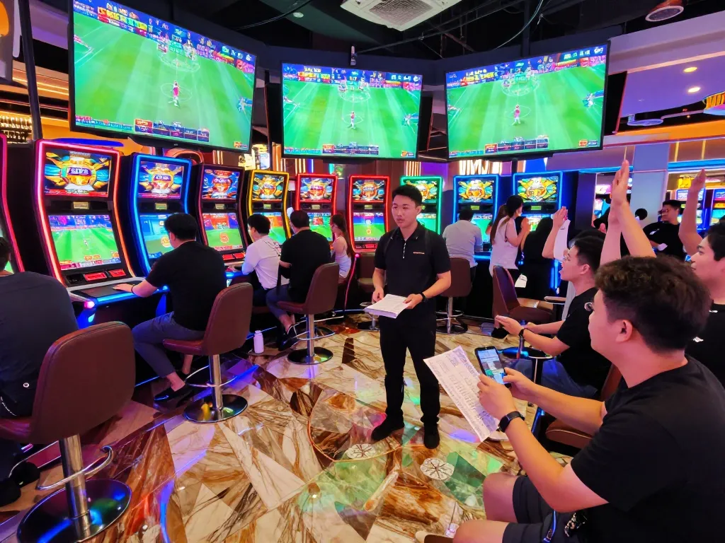 Engaging sports betting scene at FLY88, showcasing enthusiastic bettors and vibrant neon lights.