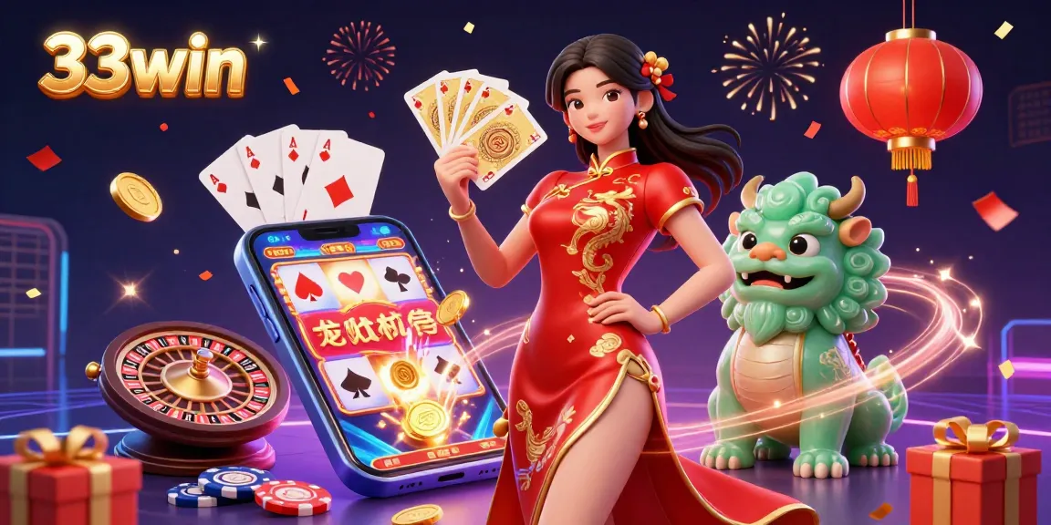 Experience thrilling wins at 33win with an elegant woman and lucky lion amidst vibrant casino elements.