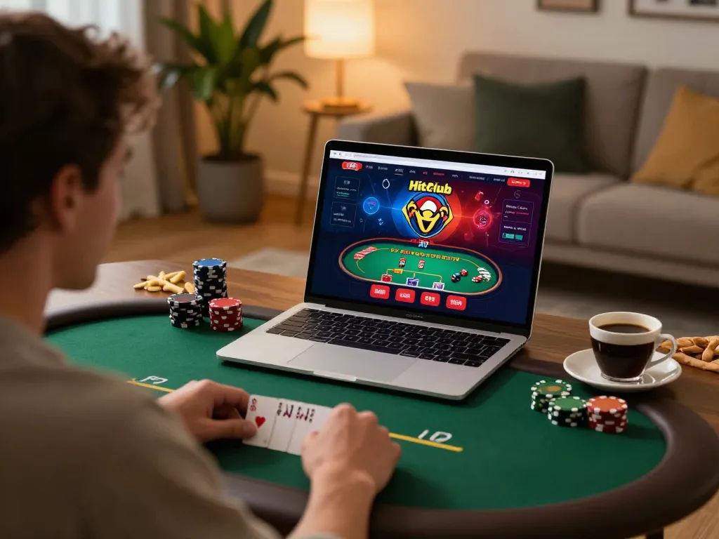 Engaging gaming experience at Hitclub, player strategizing online poker at home.