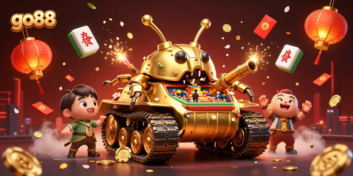 Experience the vibrant world of go88 with a cartoon casino tank shooting confetti among dazzling game elements.