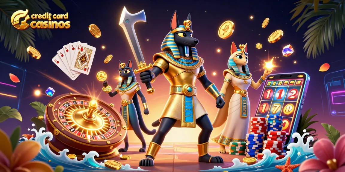 Experience thrilling adventures at credit card casinos with Anubis and Bastet in a vibrant 3D scene.