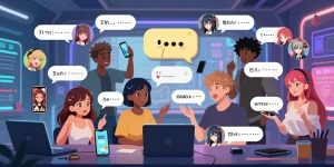 Engaging ecchi chat ai scene with animated characters in lively conversation.