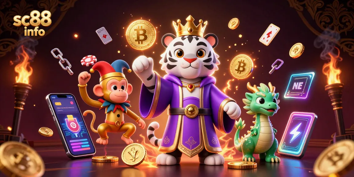 Engage in thrilling adventures with sc88 info featuring a regal tiger and a playful monkey amid neon digital elements in a casino scene.