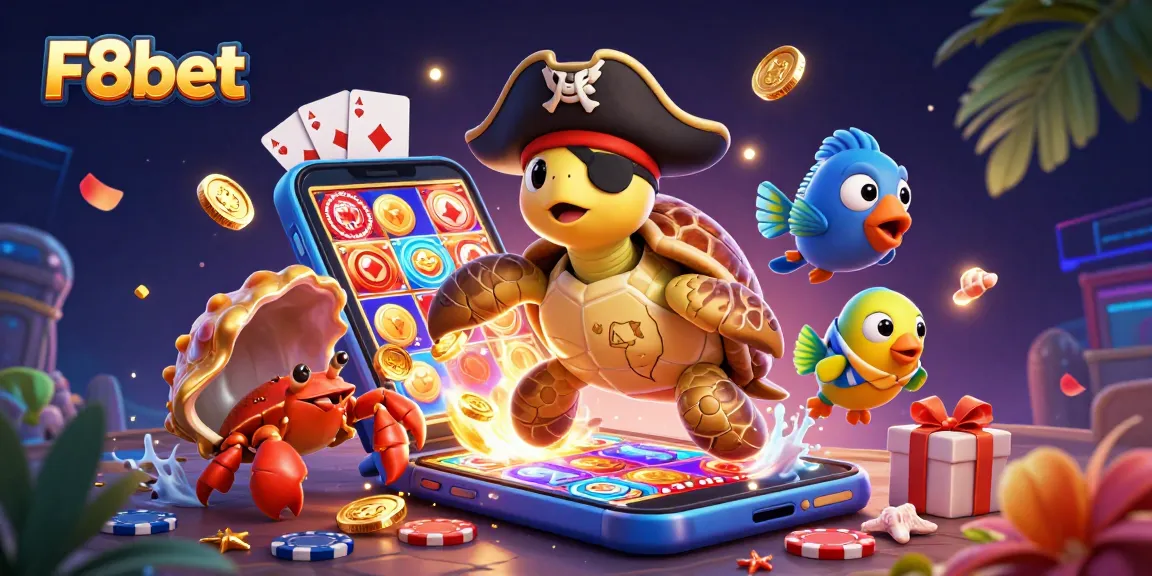 Experience F8bet's vibrant casino world with a pirate turtle, crab, and parrotfish above treasure.