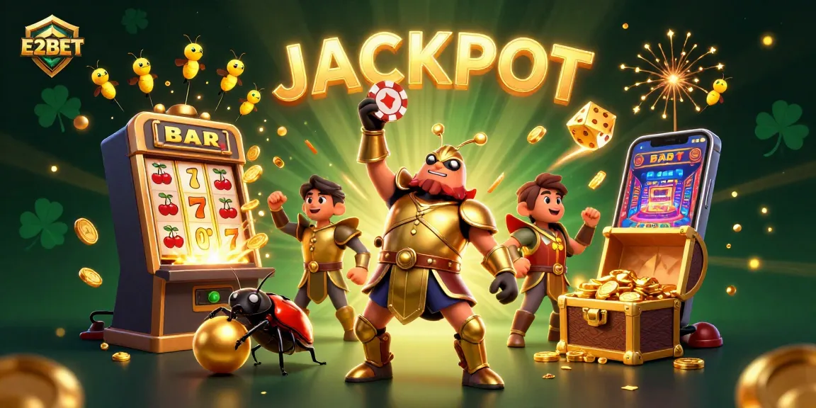 E2BET's thrilling jackpot scene with a victorious beetle and dynamic casino elements