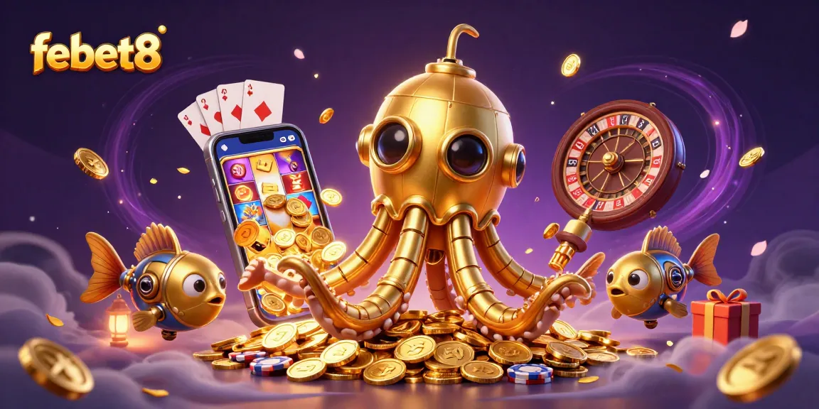 Win big with febet8 in this dynamic 3D casino scene featuring a golden kraken and vibrant game elements.