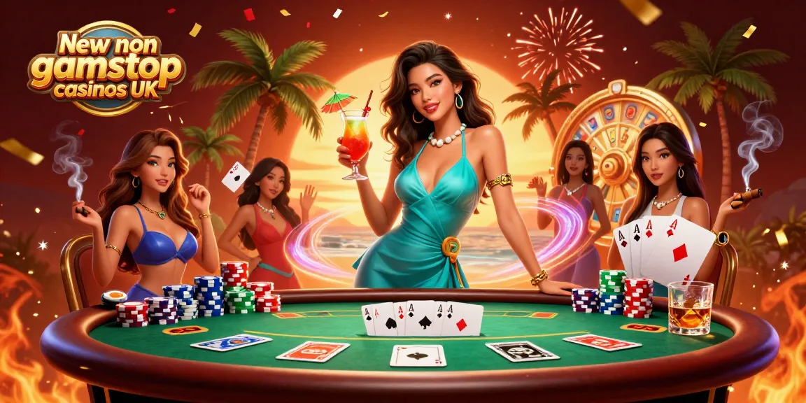 Experience New non gamstop casinos UK with vibrant characters in a tropical beach casino setting.