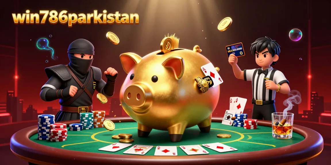 Win786parkistan features vibrant 3D casino illustration highlighting a golden piggy bank, ninja, and samurai in action.