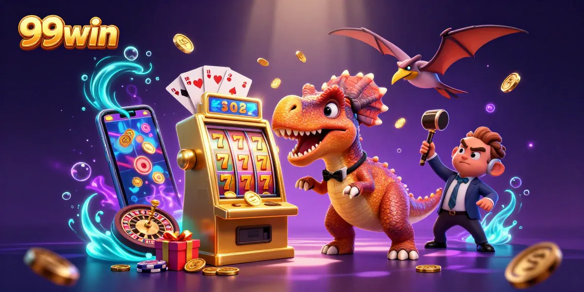 99win illustration of a cartoon dinosaur winning a jackpot at a casino, surrounded by colorful casino elements.